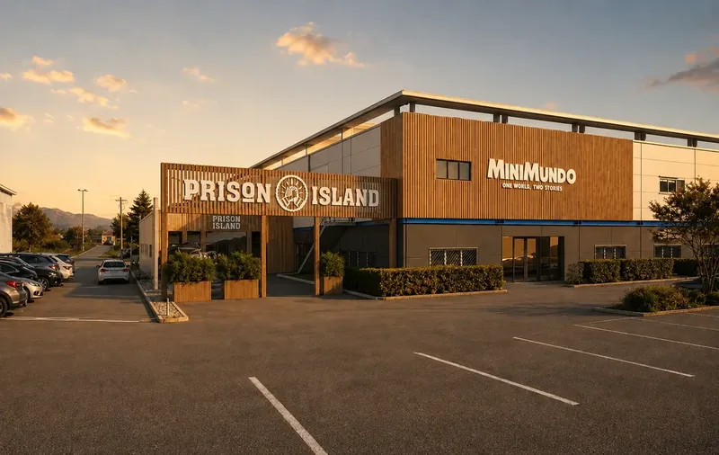 La devanture en bois de Prison Island, son enseigne éclairée, et le parking devant l'entrée